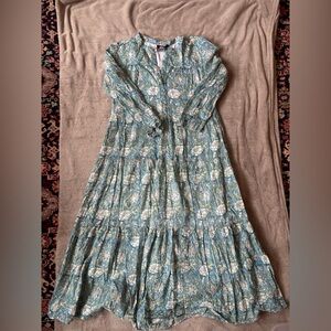 Madison Matthews 100% Cotton Floral Tiered Maxi Dress Long Sleeve Made in India